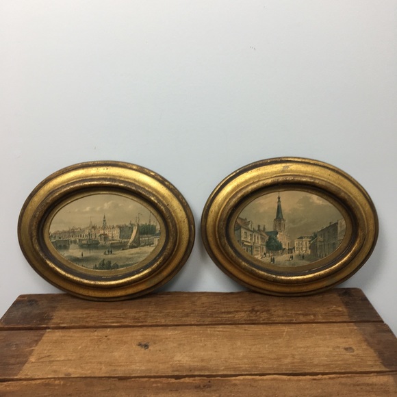Vintage Other - Vintage City Harbor Oval Gold Framed Prints (2)